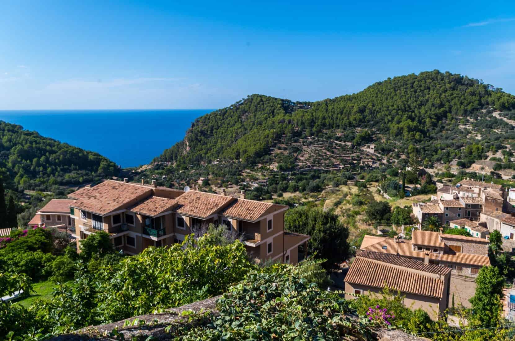 Beautiful panorama of the town Estellencs in the mountains of Tramuntana on Mallorca, Spain