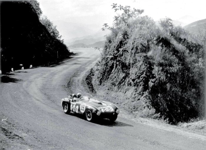 Umberto Maglioli of Italy, winner of the fifth and final Carrera PAnamericana, in the Ferrari 375 Plus.