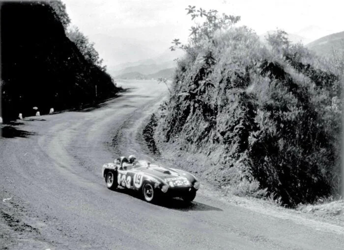 Umberto Maglioli of Italy, winner of the fifth and final Carrera PAnamericana, in the Ferrari 375 Plus.