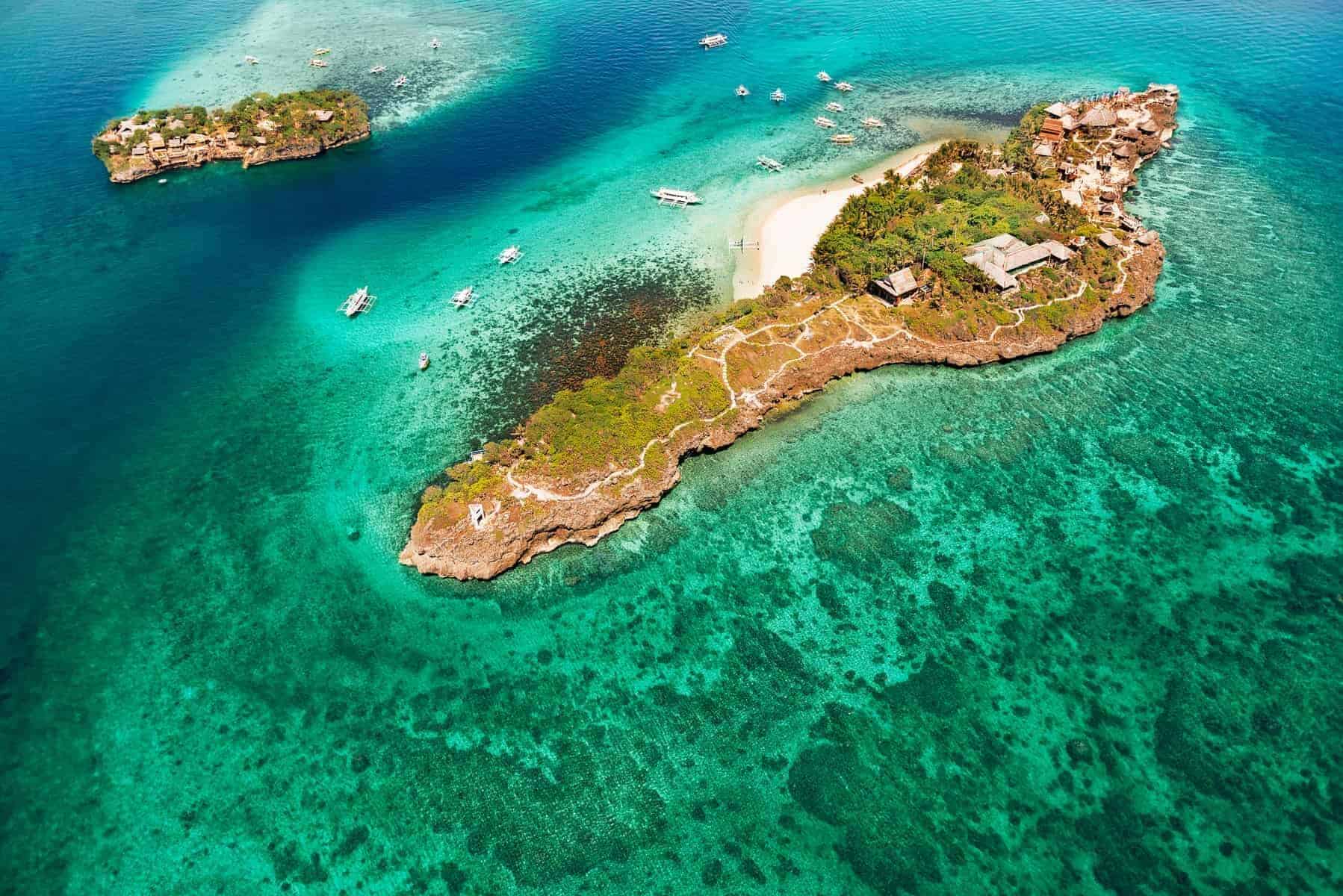 Aerial view of beautiful bay in tropical Islands with very white sand. Boracay Island, Philippines. Travel,holiday,vacation concept.