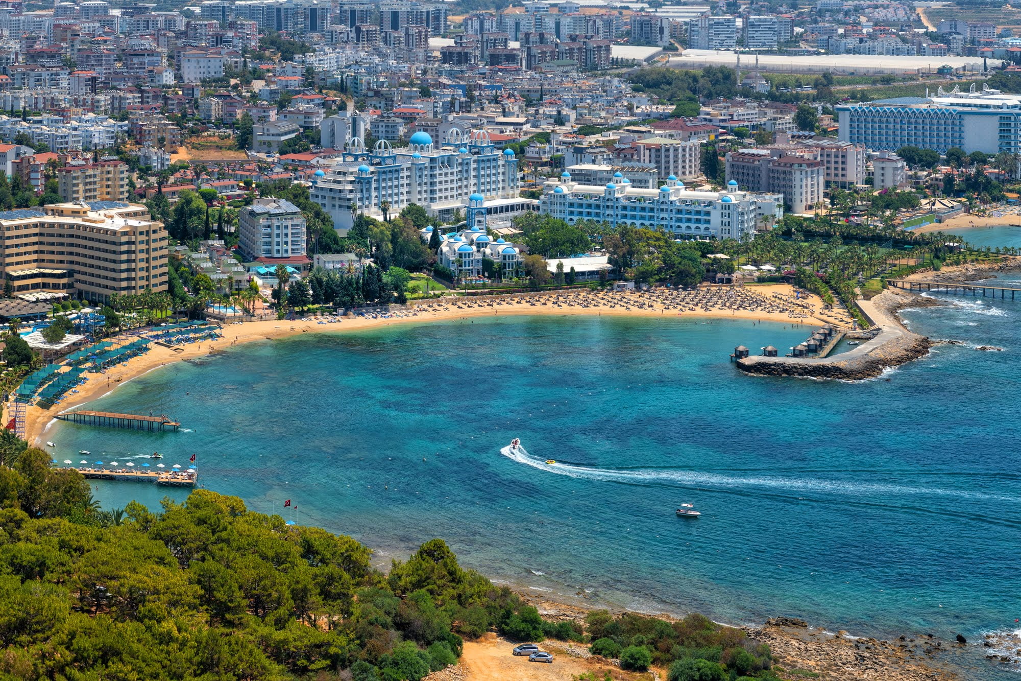 A picturesque Alanya bay with beaches and hotels in the Avsallar region of the Turkish resort