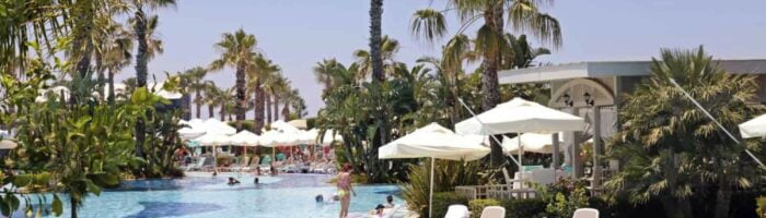 Belek Summer view with resort swimming pool in Belek, Turkey
