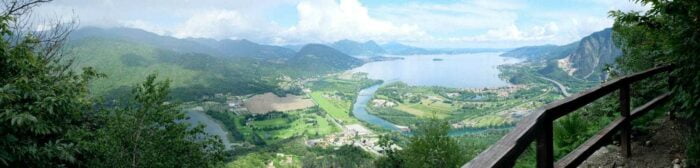 Lago Maggiore with cloudy blue sky in summer in Italy. The other lake on the left is Lago Mergozzo