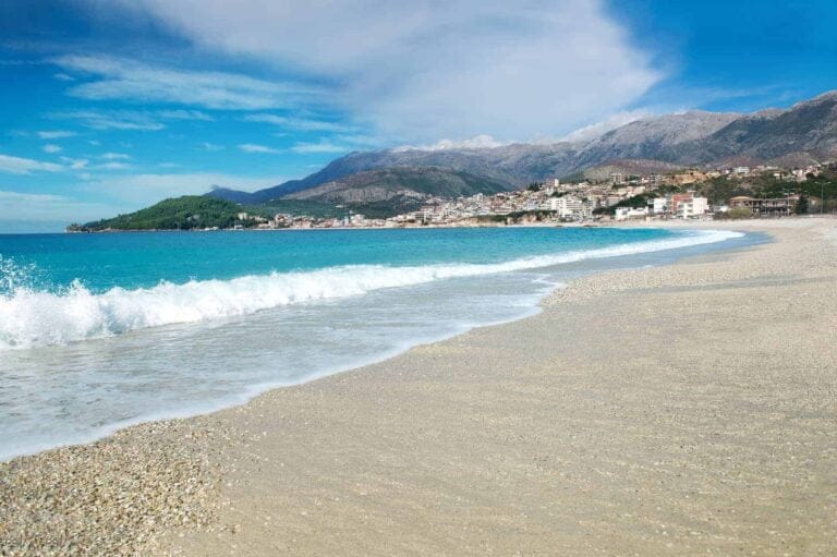 Albanian Riviera in Himara town in the south, clear turquoise water of Ionian Sea
