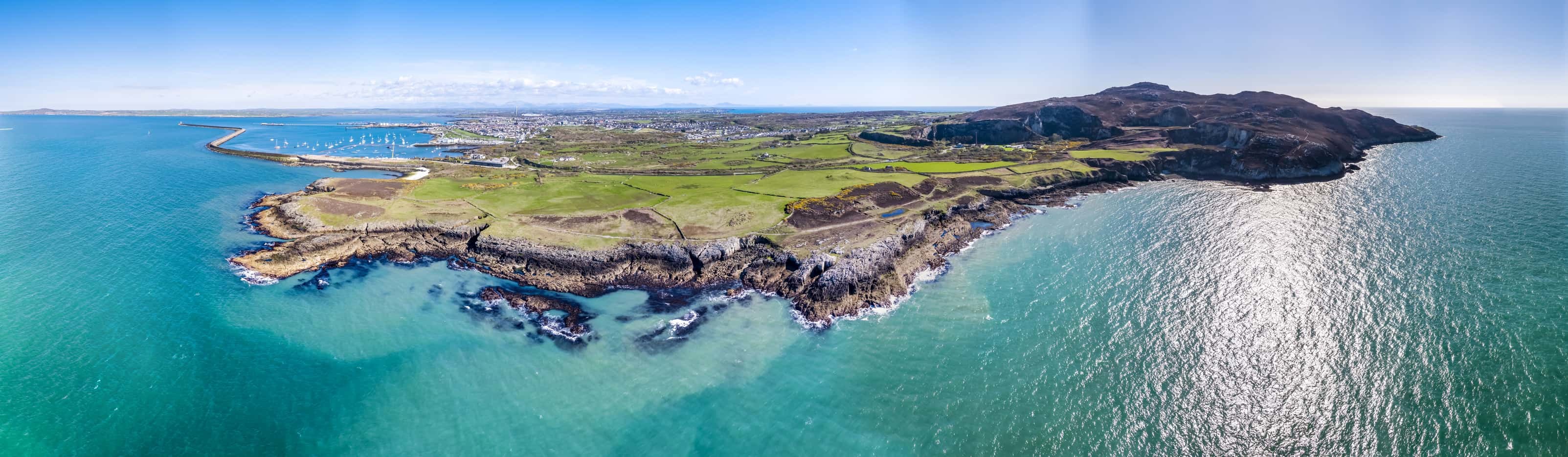 Aerial view of the beautiful coast and cliffs between North Stack Fog station and Holyhead on Anglesey, North wales - UK