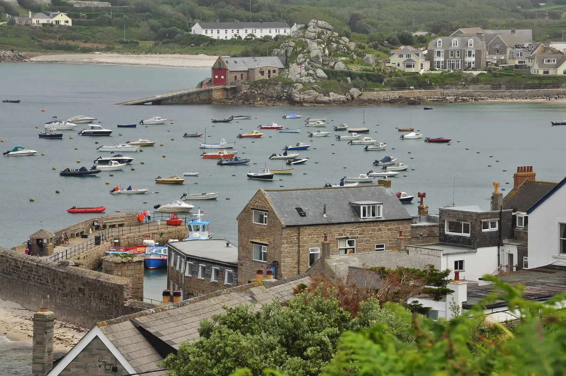 Isles of Scilly, old harbor and waterfront of Saint Mary - Hugh town. British summer resort, Cornwall, England, Britain.