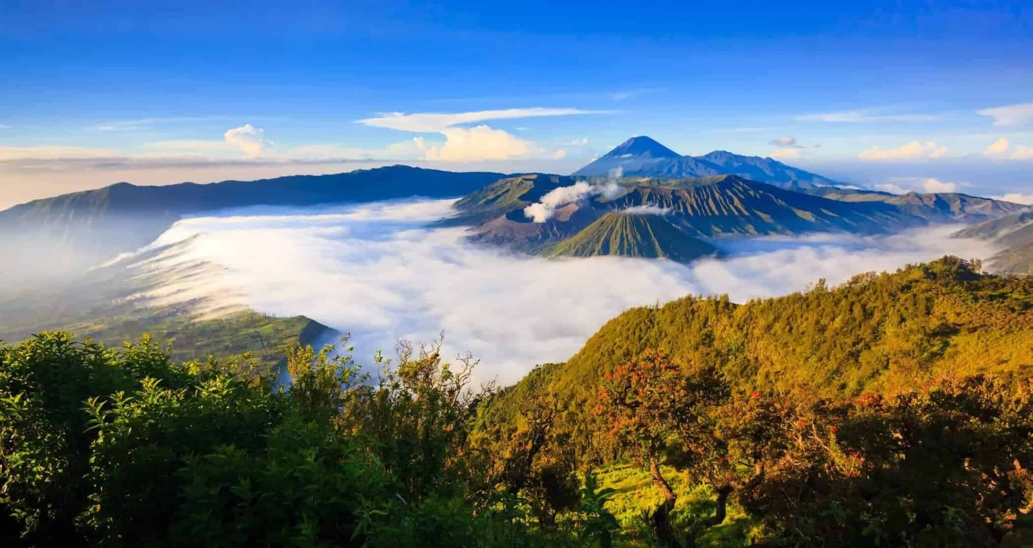 Panorama of Bromo volcano at sunrise,Tengger Semeru national park, East Java, Indonesia