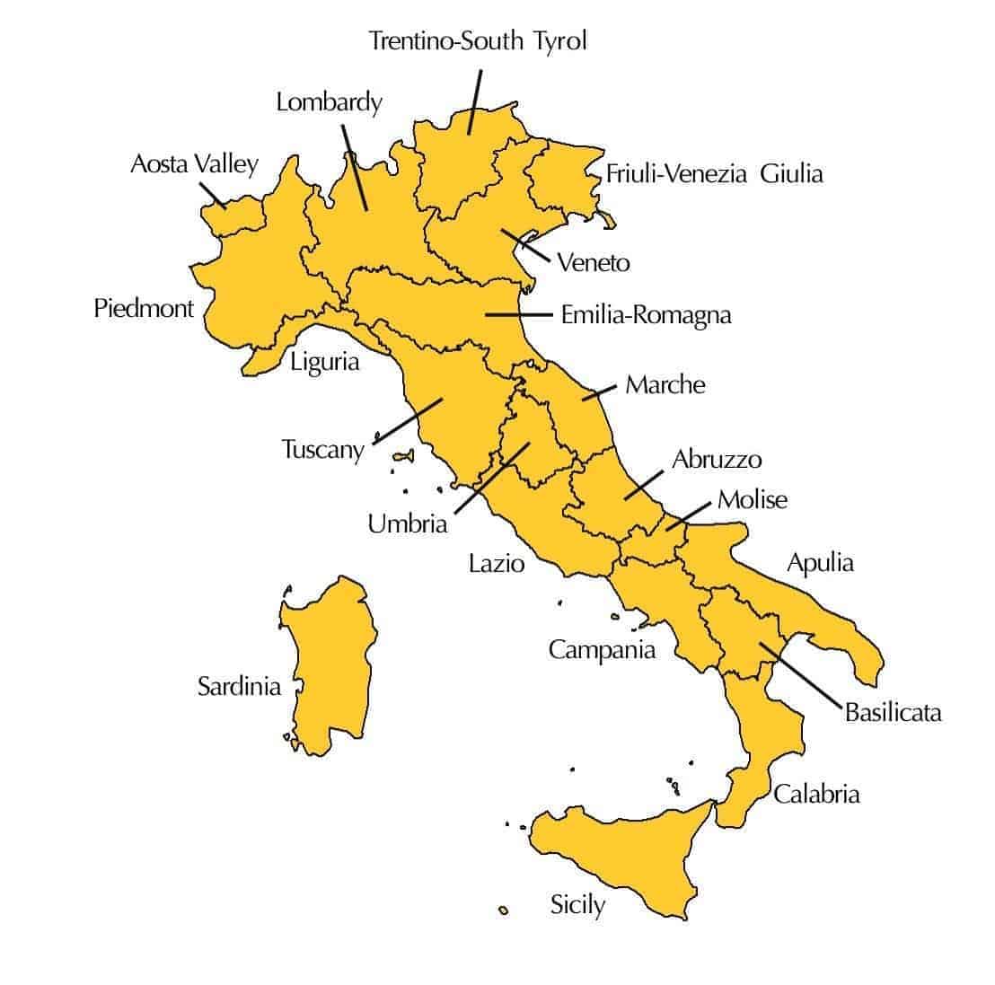 Italian viinialueet pohjoisesta Etelä-Italiaan Abruzzosta Sardiniaan