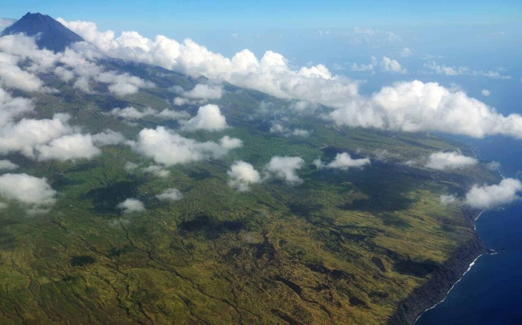 The volcano Pico do Fogo on the island of Fogo in Cape Verde with clouds around the top