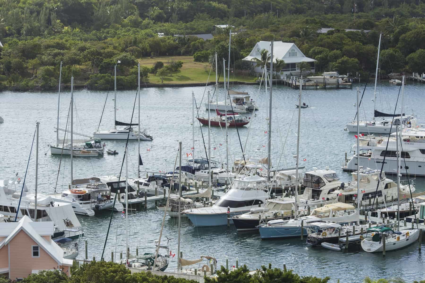 ELBOW CAY, BAHAMAS - 9 JANUARY, 2015: Yachts in scenic harbor Bahamas bay, North America