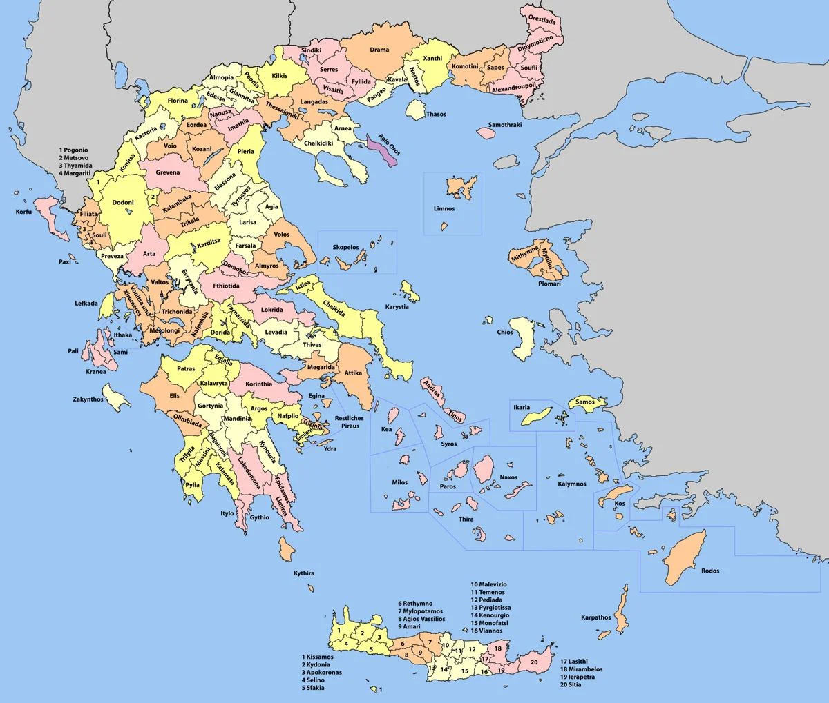 grækenland og de græske øer -regioner-kort