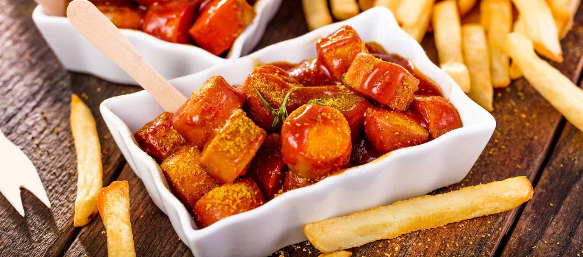 Traditional German currywurst, served with pommes