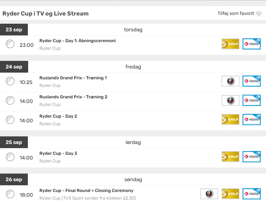 Ryder cup 21 tv udsendelser
