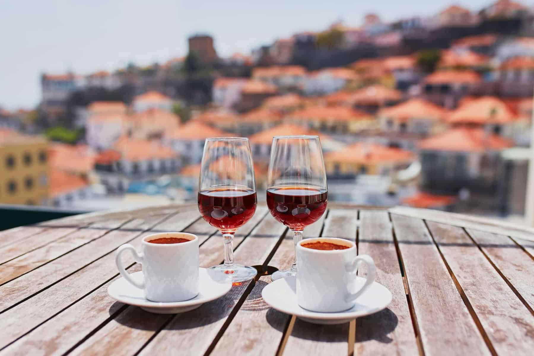 Madeira wine, coffee and hohey cake, View to Funchal, Portugal