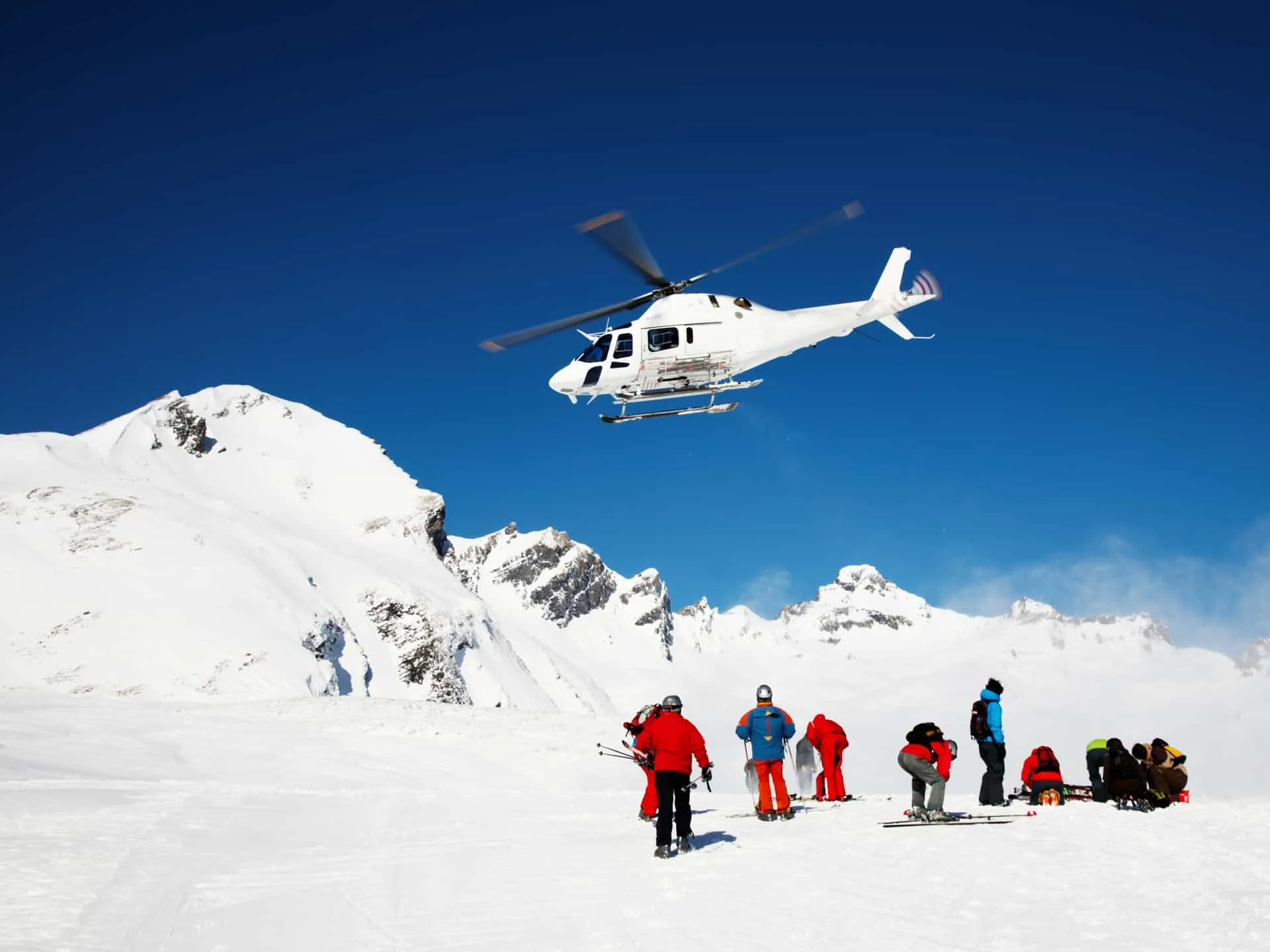 Heli Skiing Helicopter, Mont Blanc ski resort, France, Europe.
