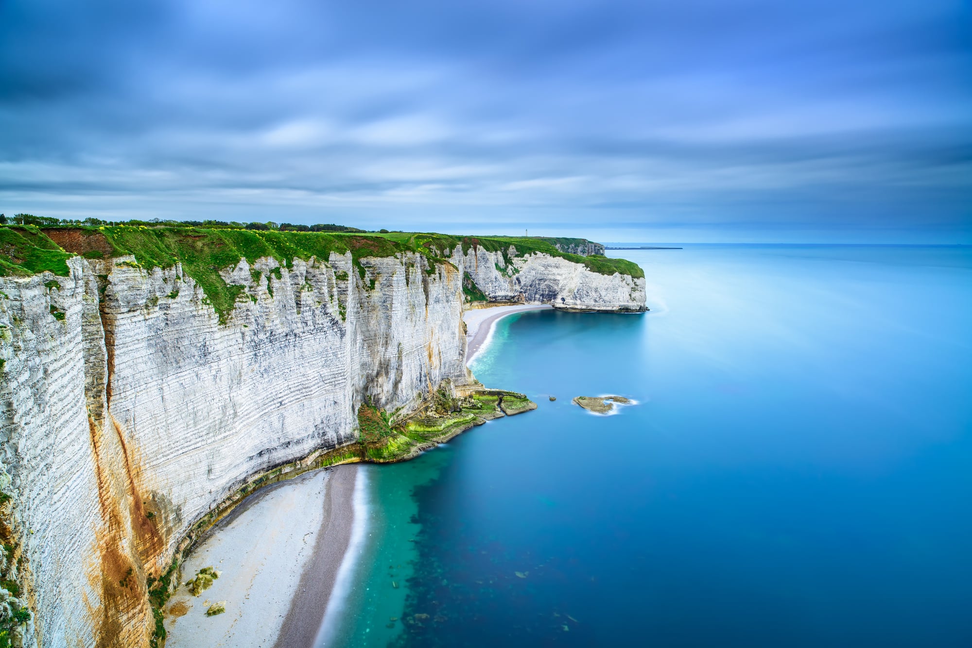 Etretat, rock cliff and beach. Aerial view. Normandy, France