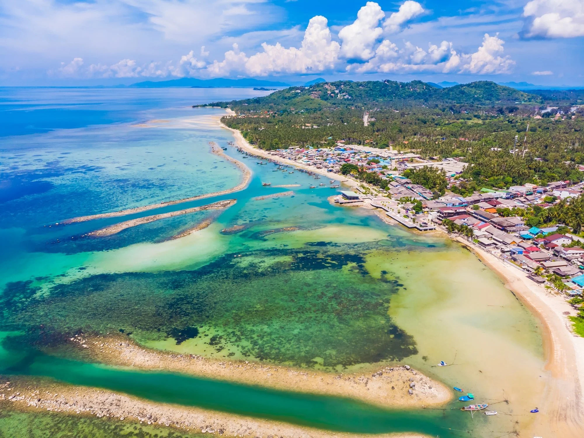 Aerial view of beautiful tropical beach and sea with palm and other tree in koh samui island for travel and vacation