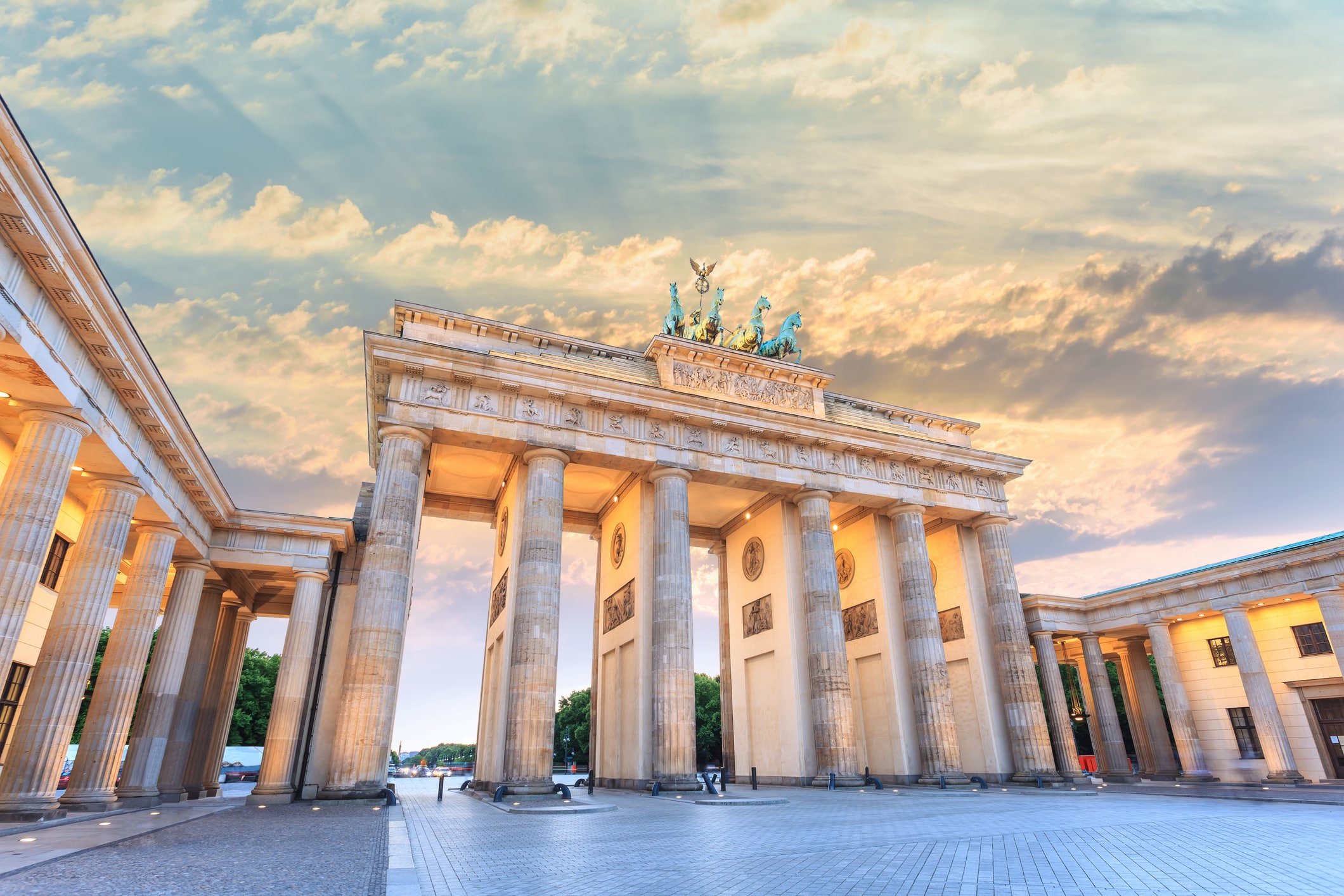 Berlin sunset city skyline at Brandenburg Gate Brandenburger Tor, Berlin, Germany