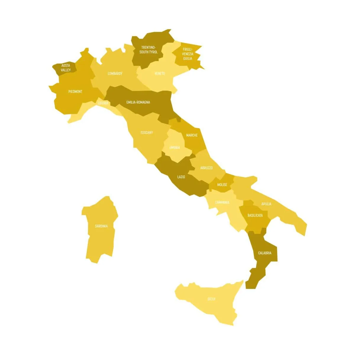 Kort over Italien opdelt i de 20 administrative regioner — fra Sydtyrol i nord til Sicilien og Sardinien