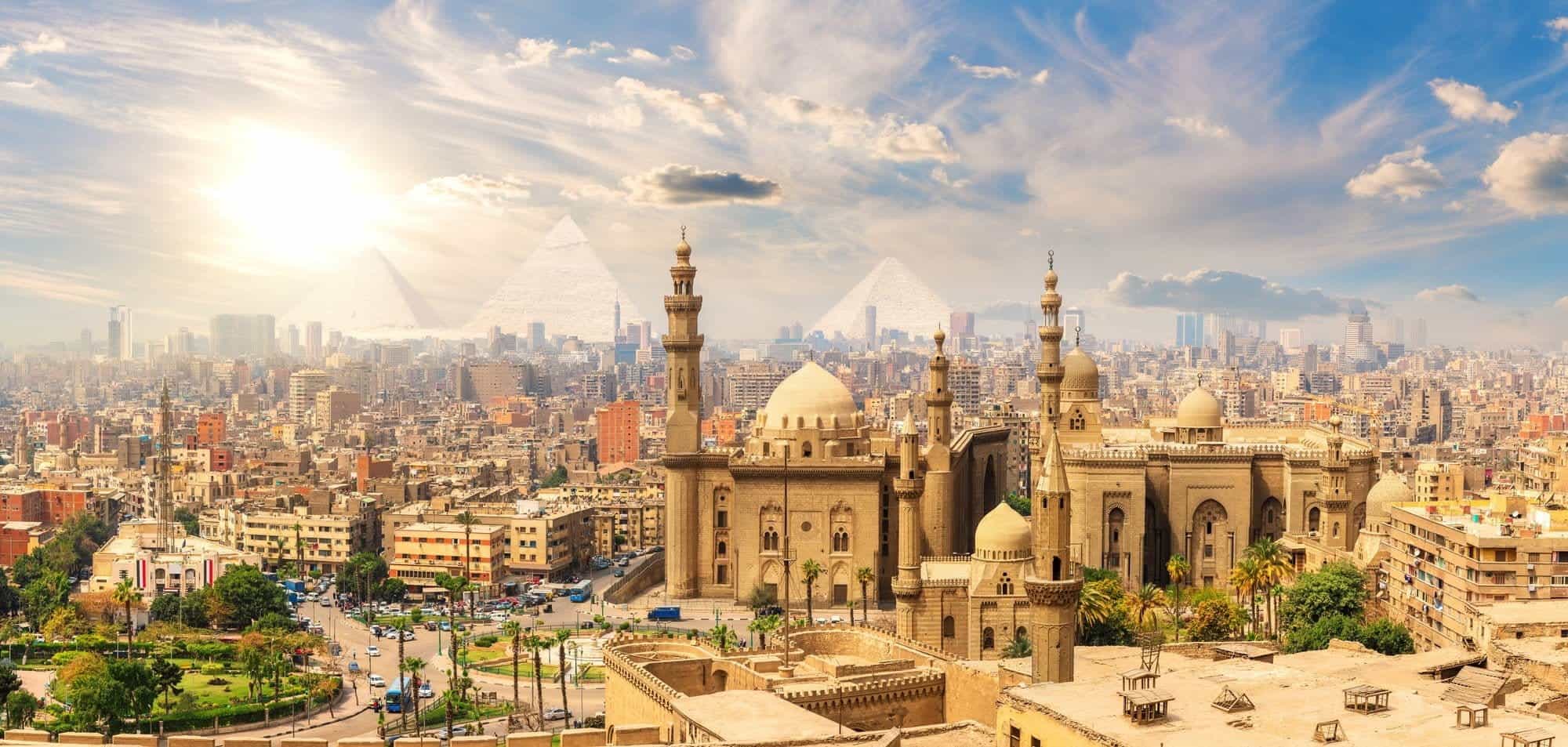 Mosque-Madrasa of Sultan Hassan, beautiful panorama of Cairo landmarks, Egypt.