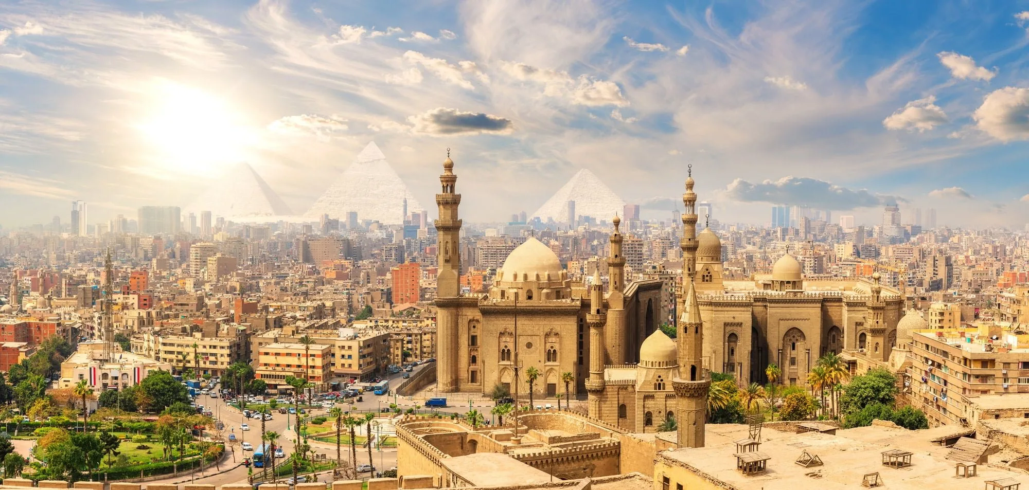 Mosque-Madrasa of Sultan Hassan, beautiful panorama of Cairo landmarks, Egypt.