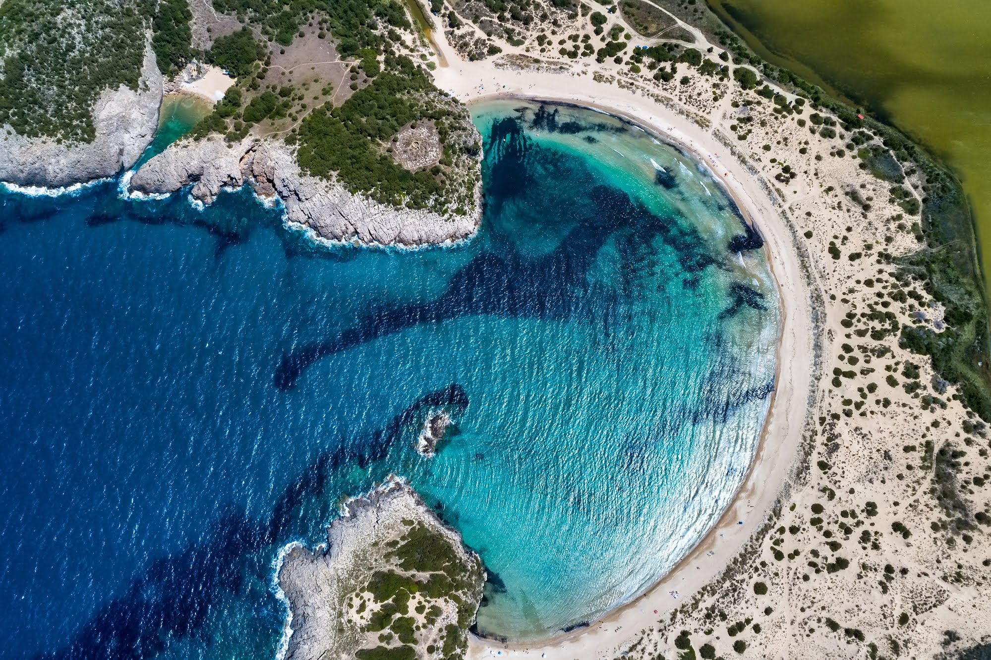 Voidokilia beach, one of the best beaches in mediterranean Europe, beautiful lagoon of Voidokilia from a high point of view, Messinia, Greece