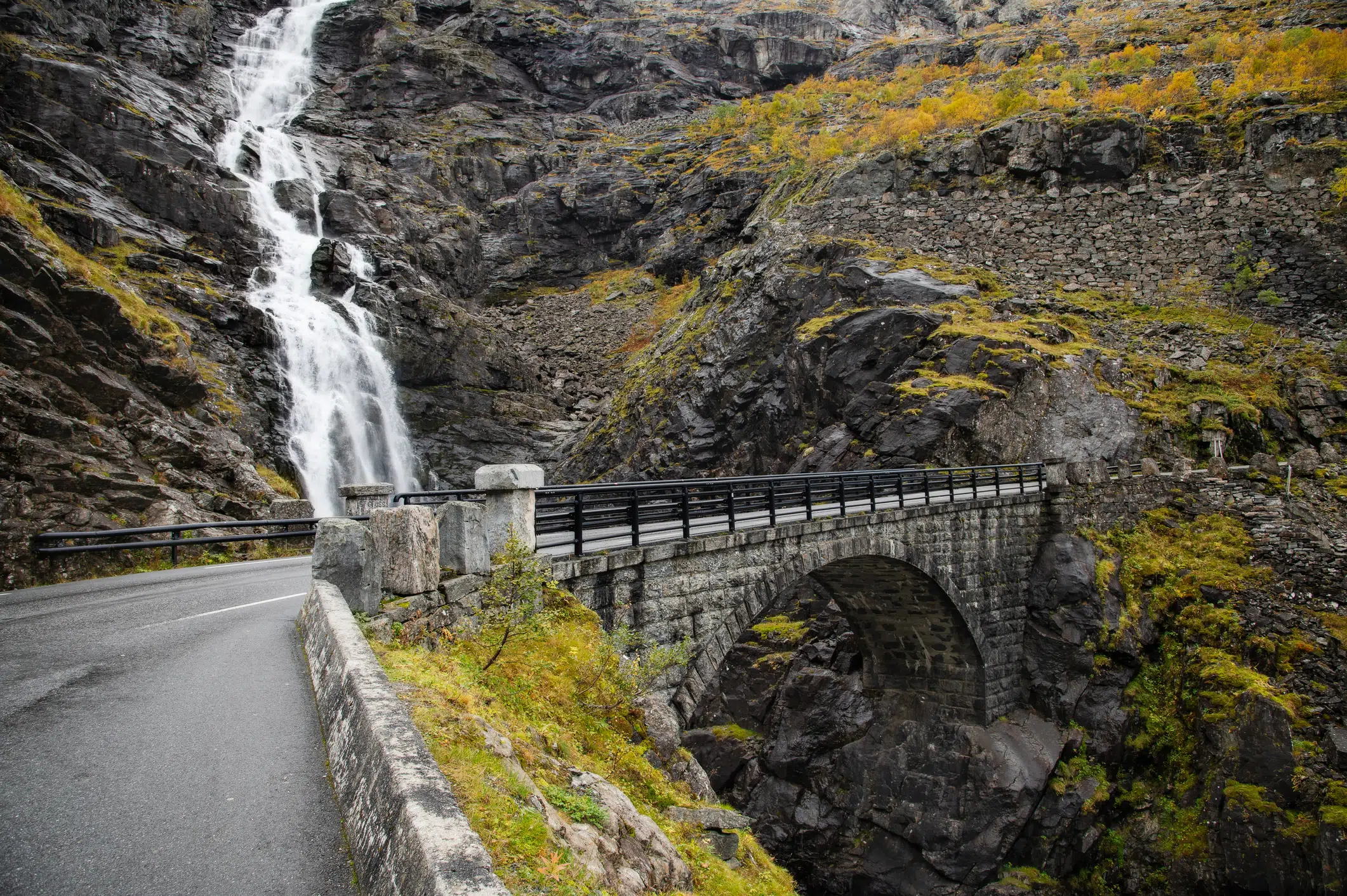 Bridge over Stigfossen waterfall, Trollstigen mountain road, Raum, Vestland, Norway.
