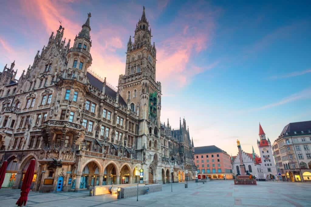 Munich. Marien Square in Munich, Germany during twilight blue hour.