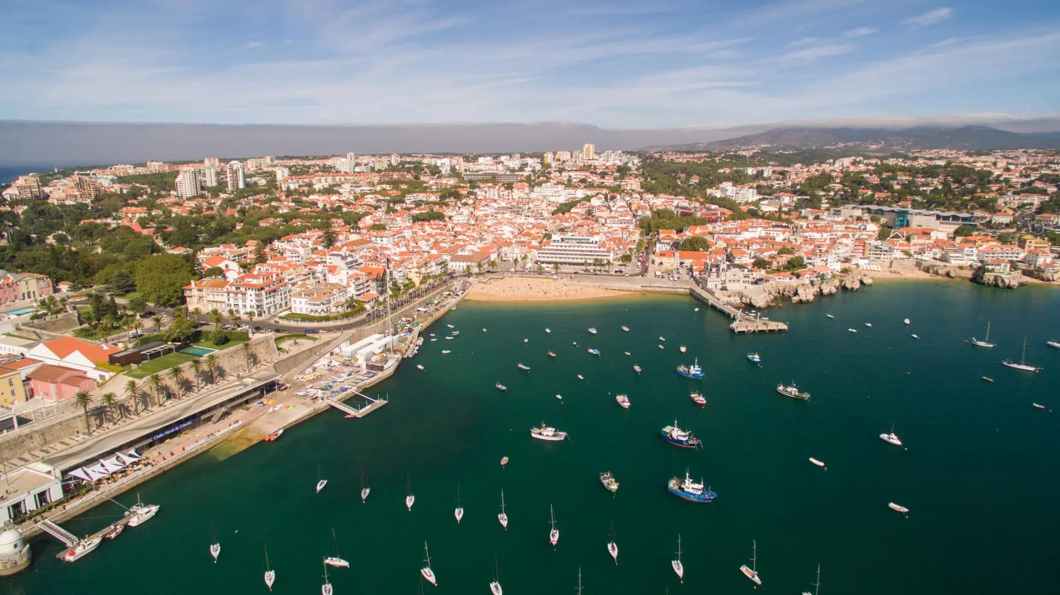 Cascais Portugal aerial view of yachts, beach, bars and town