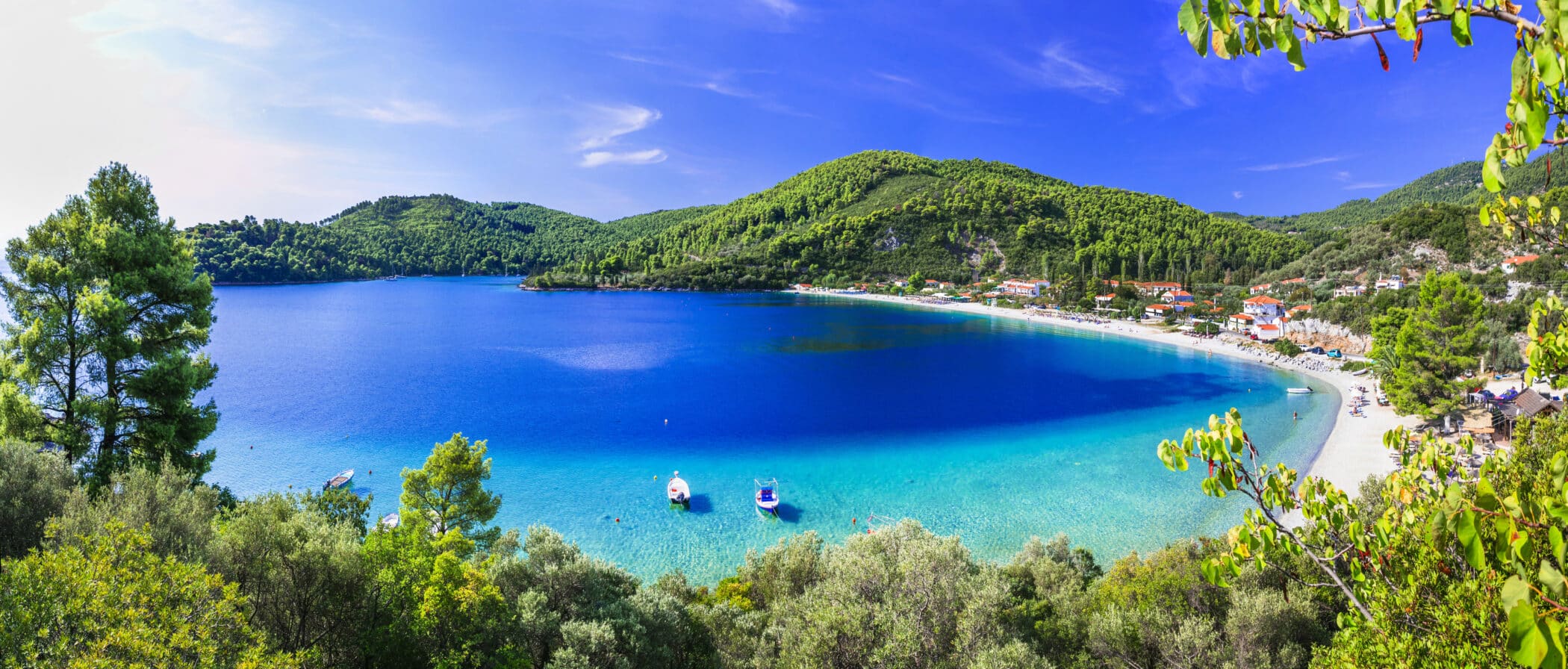 Best beaches of Skopelos - beautiful Panormos bay. Sporades islands
