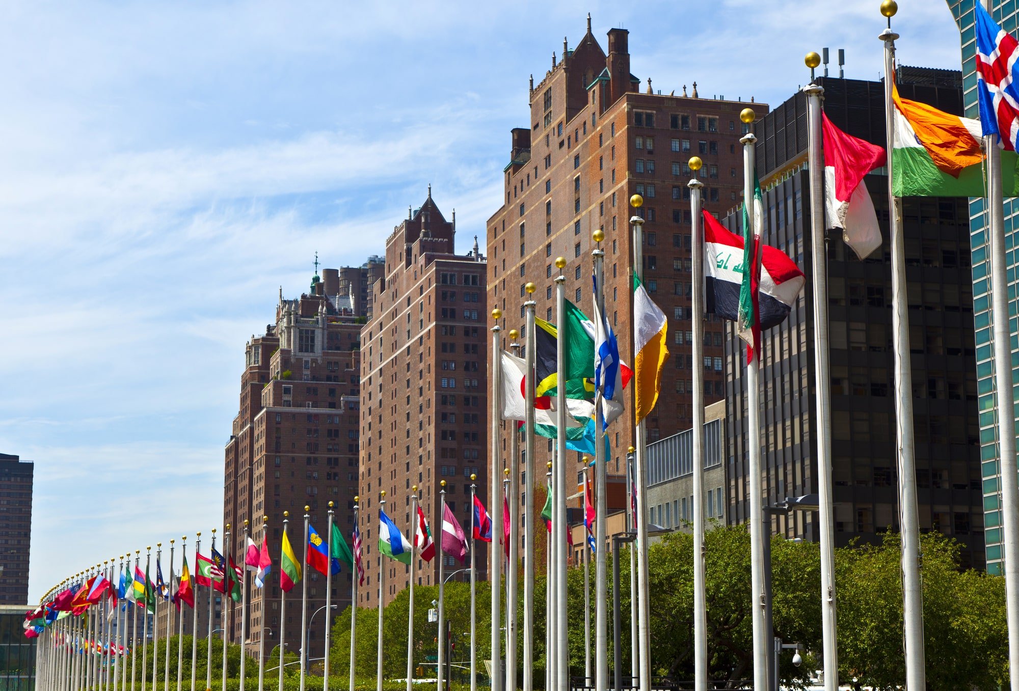 United Nations Headquarters with flags of the   members of the UN