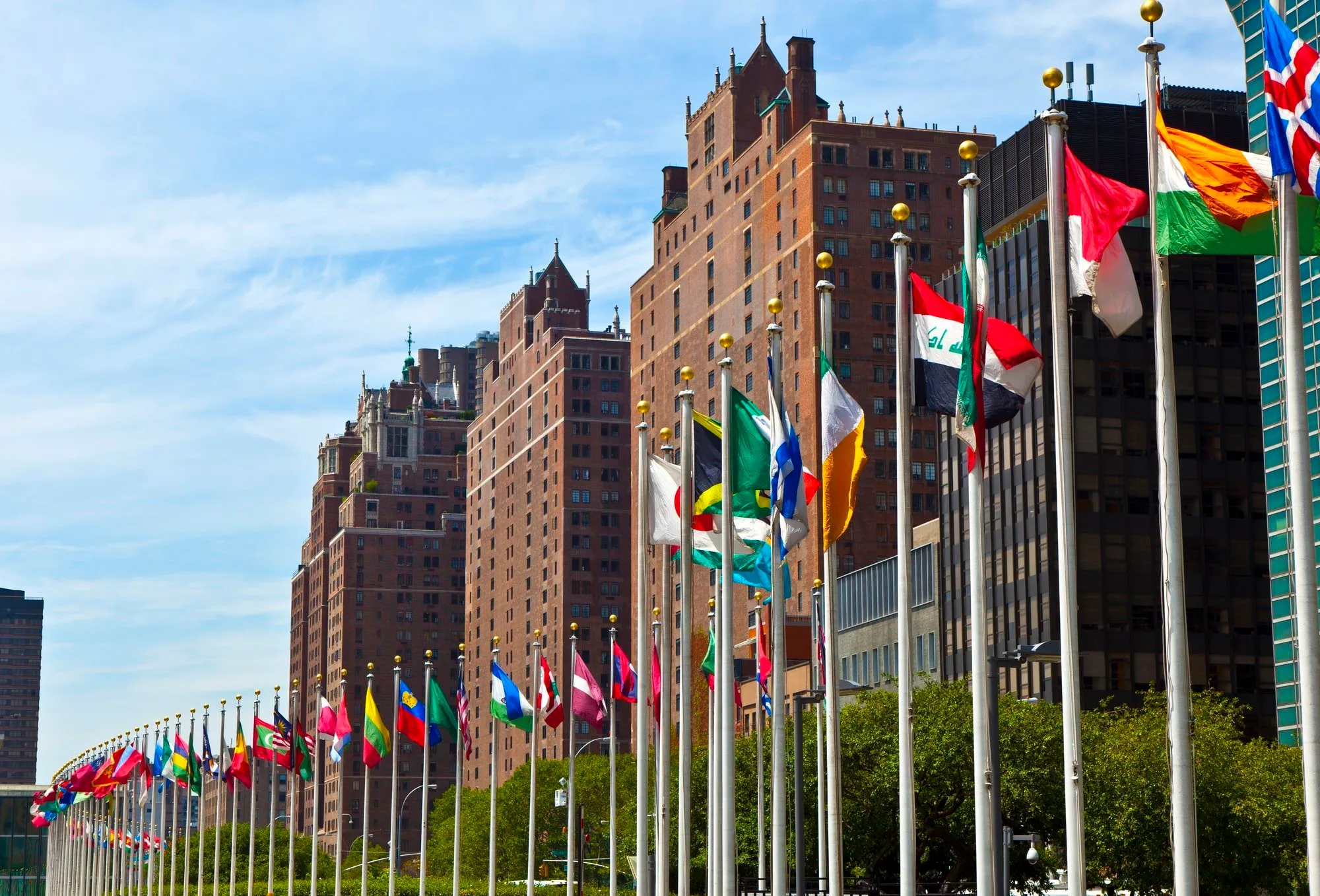 United Nations Headquarters with flags of the members of the UN