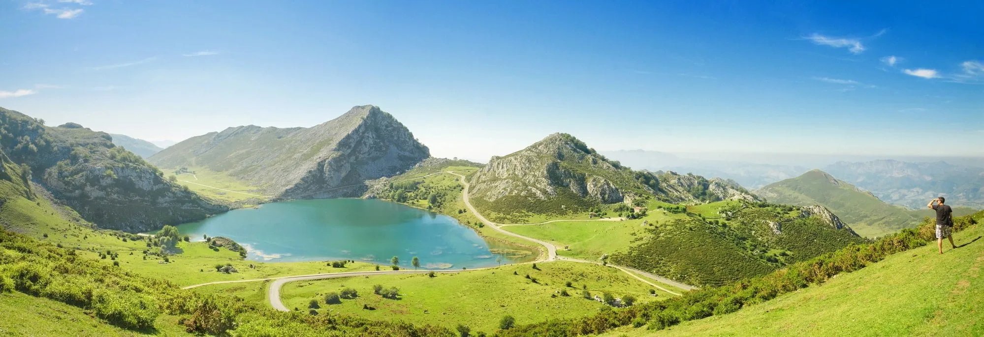 Panorama of Lake Enol in Picos de Europa, Asturias, Spain