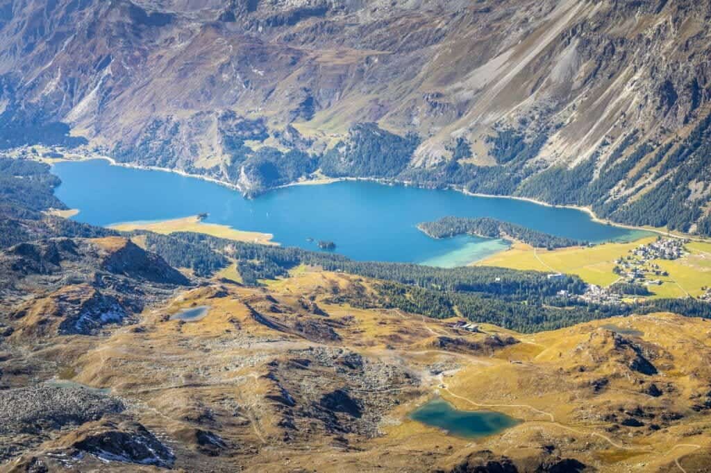Above Silvaplana lake, Sils and Maloja from Piz Corvatsch, Engadine, Switzerland
