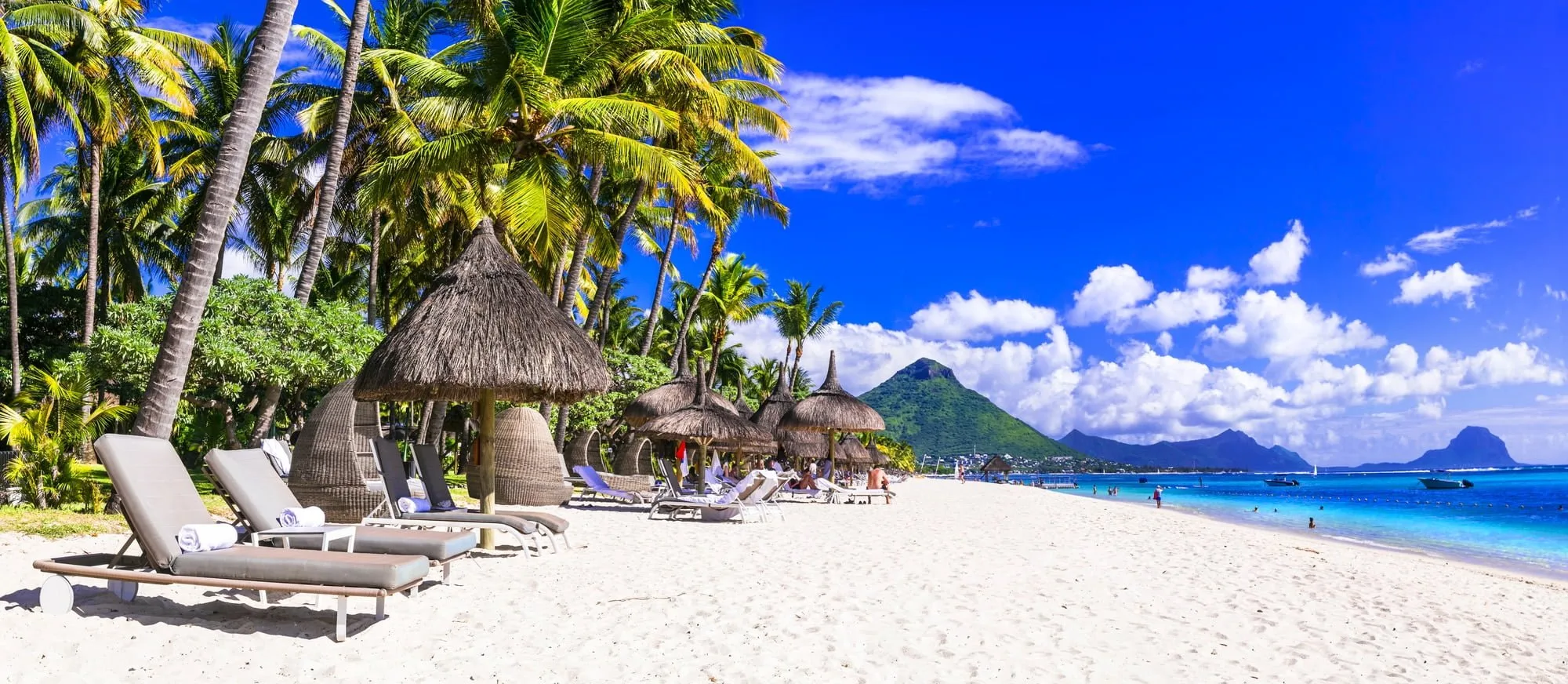 Tropical beach scenery . Vacation in paradise island Mauritius, Flic en Flac beach