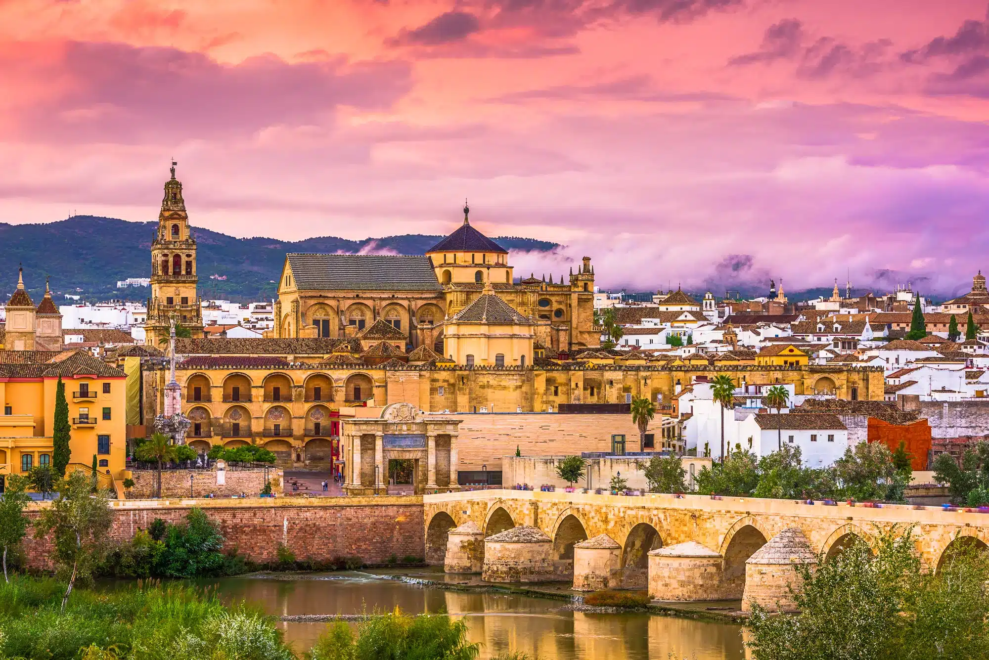 Cordoba, Spain at the Mosque-Cathedral and Roman Bridge.