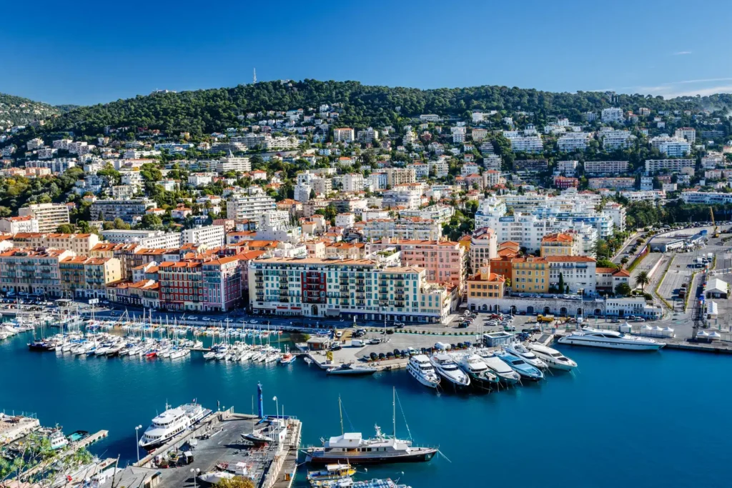 Aerial View on Port of Nice and Luxury Yachts, French Riviera,
