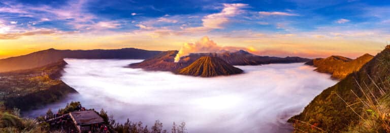 Mount Bromo volcano (Gunung Bromo) during sunrise from viewpoint on Mount Penanjakan in Bromo Tengger Semeru National Park, East Java, Indonesia.