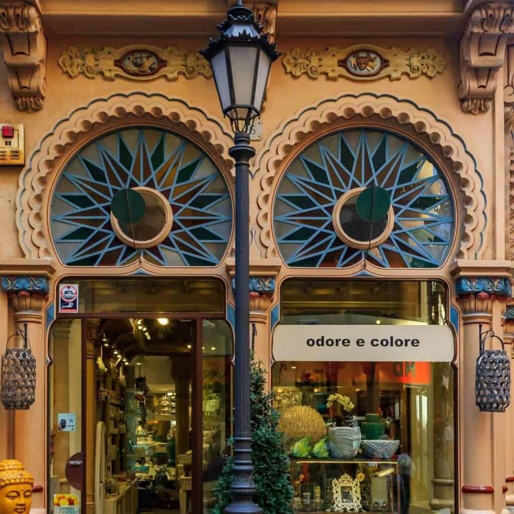 Colorful facade of a buidling with an Antoni Gauid inspired architecture design in Palma de Mallorca in Mallorca on Balearic islands in Spain