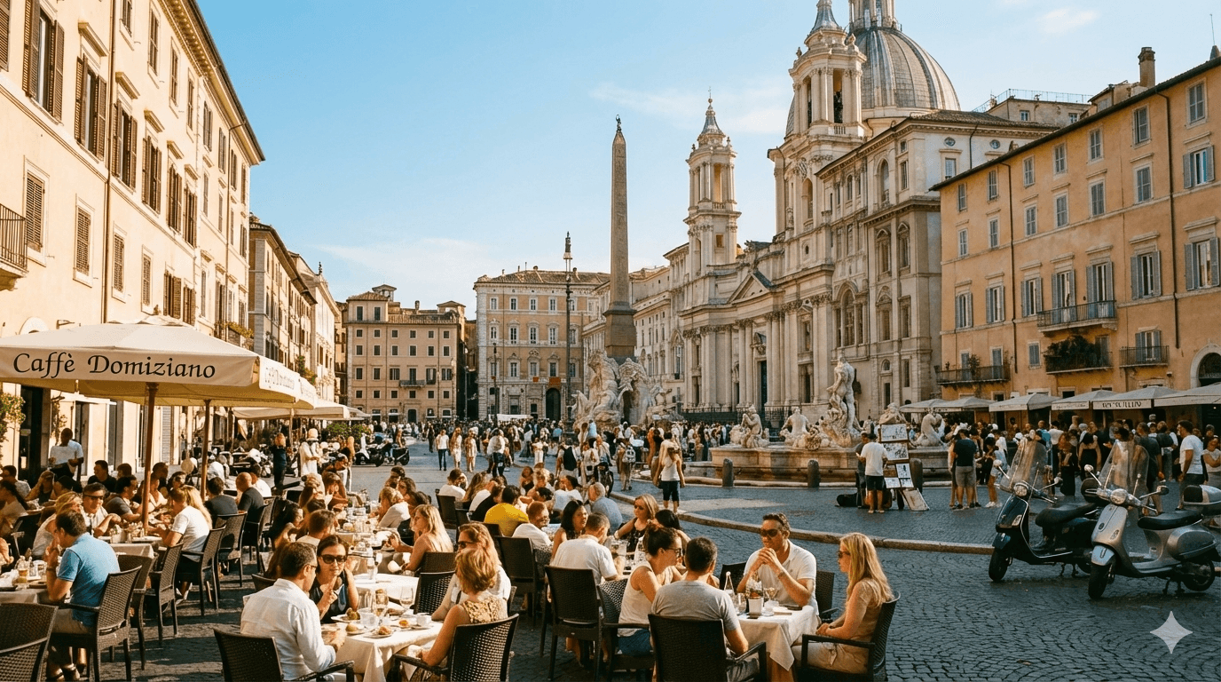 Piazza Navona i Rom — barokpladsen om aftenen, hvor lokale og rejsende mødes