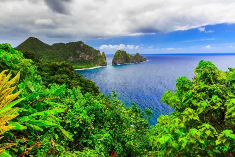 Et fantastisk kystlandskab i Samoa byder på frodig grøn vegetation i forgrunden, krystalklart blåt hav og klippeformationer i det fjerne under en delvist overskyet himmel. Den pulserende scene viser naturens skønhed og tropiske sindsro.