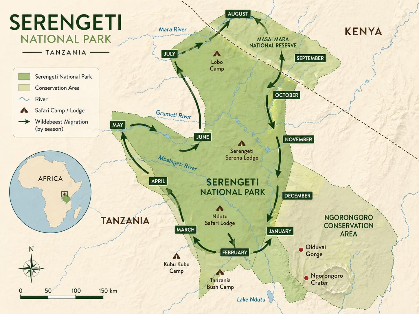 Serengeti safari — Serengeti kort med den store migration måned for måned i Tanzania og Masai Mara