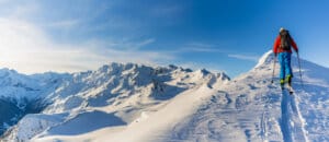 Skiing with amazing view of swiss famous mountains in beautiful winter snow Mt Fort. The matterhorn and the Dent d'Herens. In the foreground the Grand Desert glacier.
