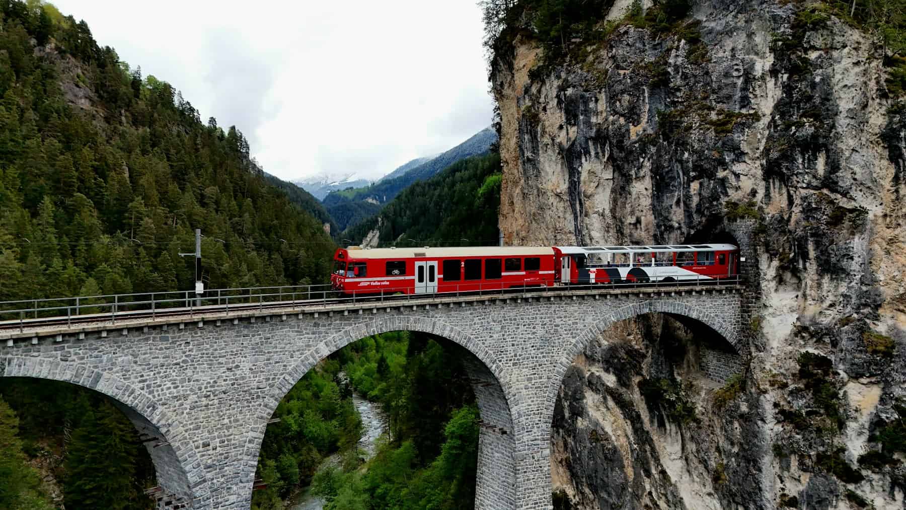 Tog på viadukt gennem alpelandskab