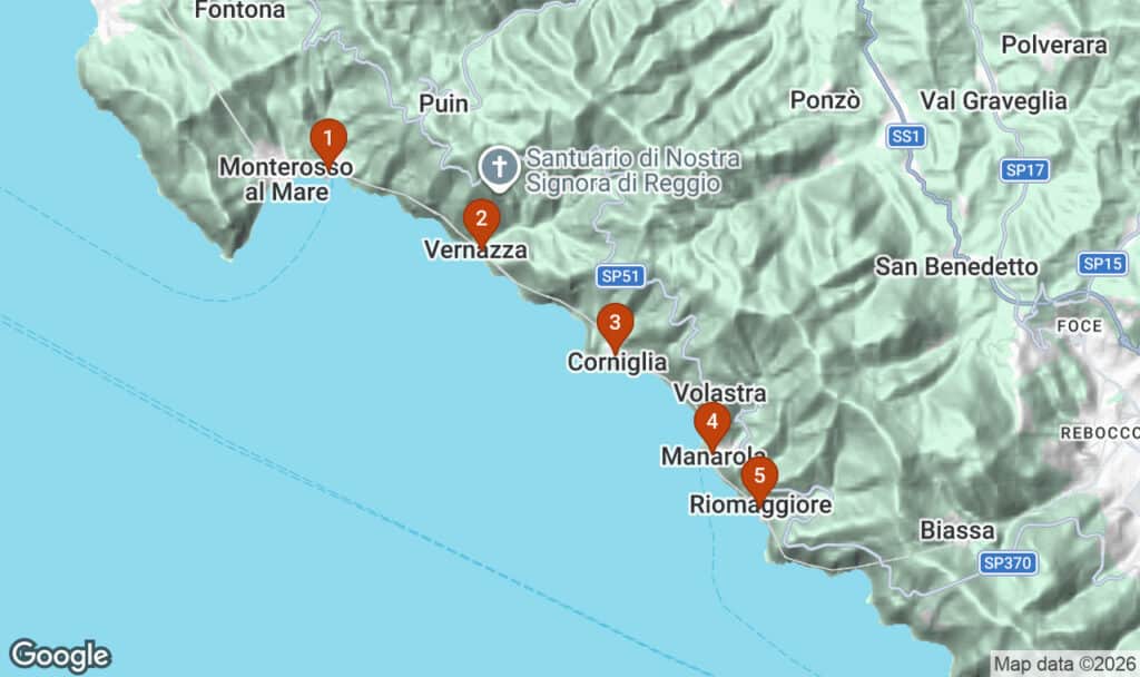 Kort over Cinque Terre med de fem byer nummereret fra nord mod syd: Monterosso al Mare, Vernazza, Corniglia, Manarola og Riomaggiore