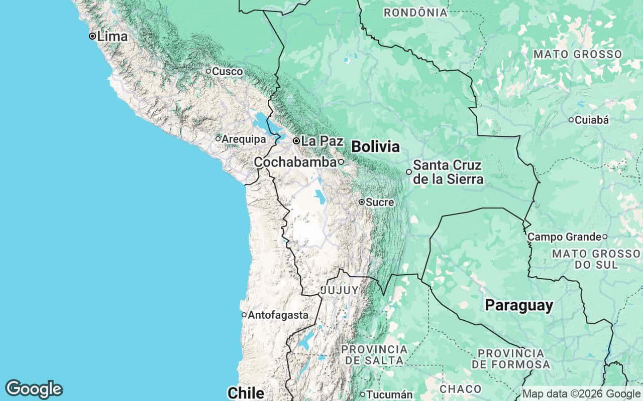 Kort over Altiplano — højsletten i Bolivia, det sydlige Peru, det nordlige Chile og det nordvestlige Argentina