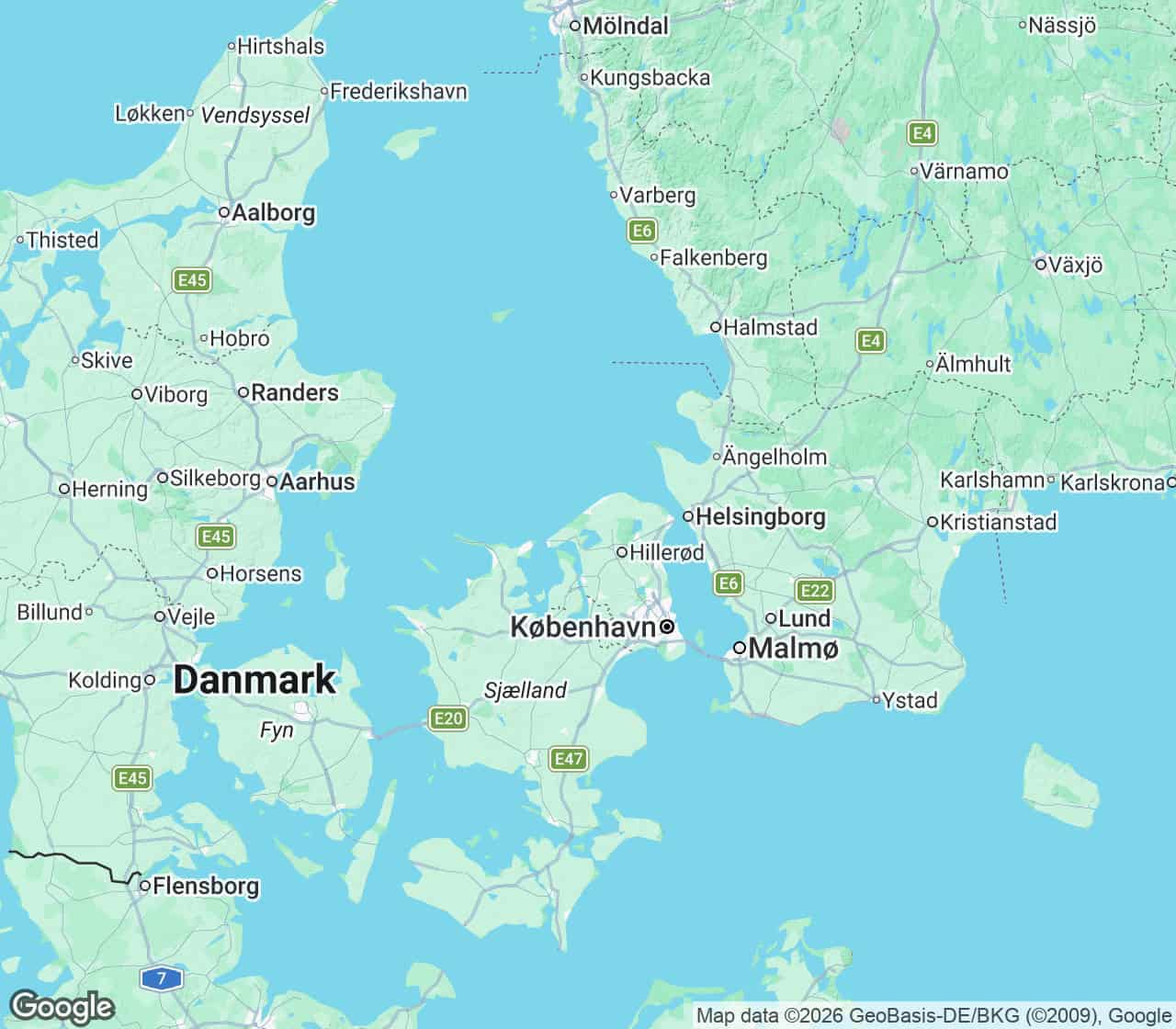 Kort over Danmark med Jylland, Fyn, Sjælland, Lolland-Falster og Bornholm