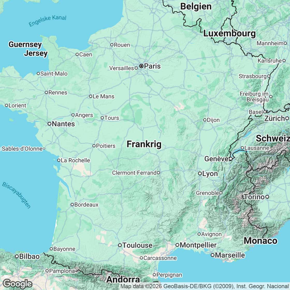 Kort over det franske fastland fra Den Engelske Kanal til Middelhavet og Pyrenæerne