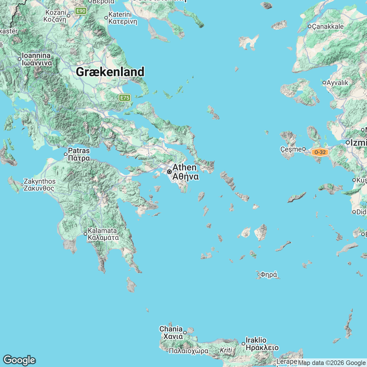 Kort over Grækenland med fastlandet, Peloponnes, De Græske Øer og Kreta