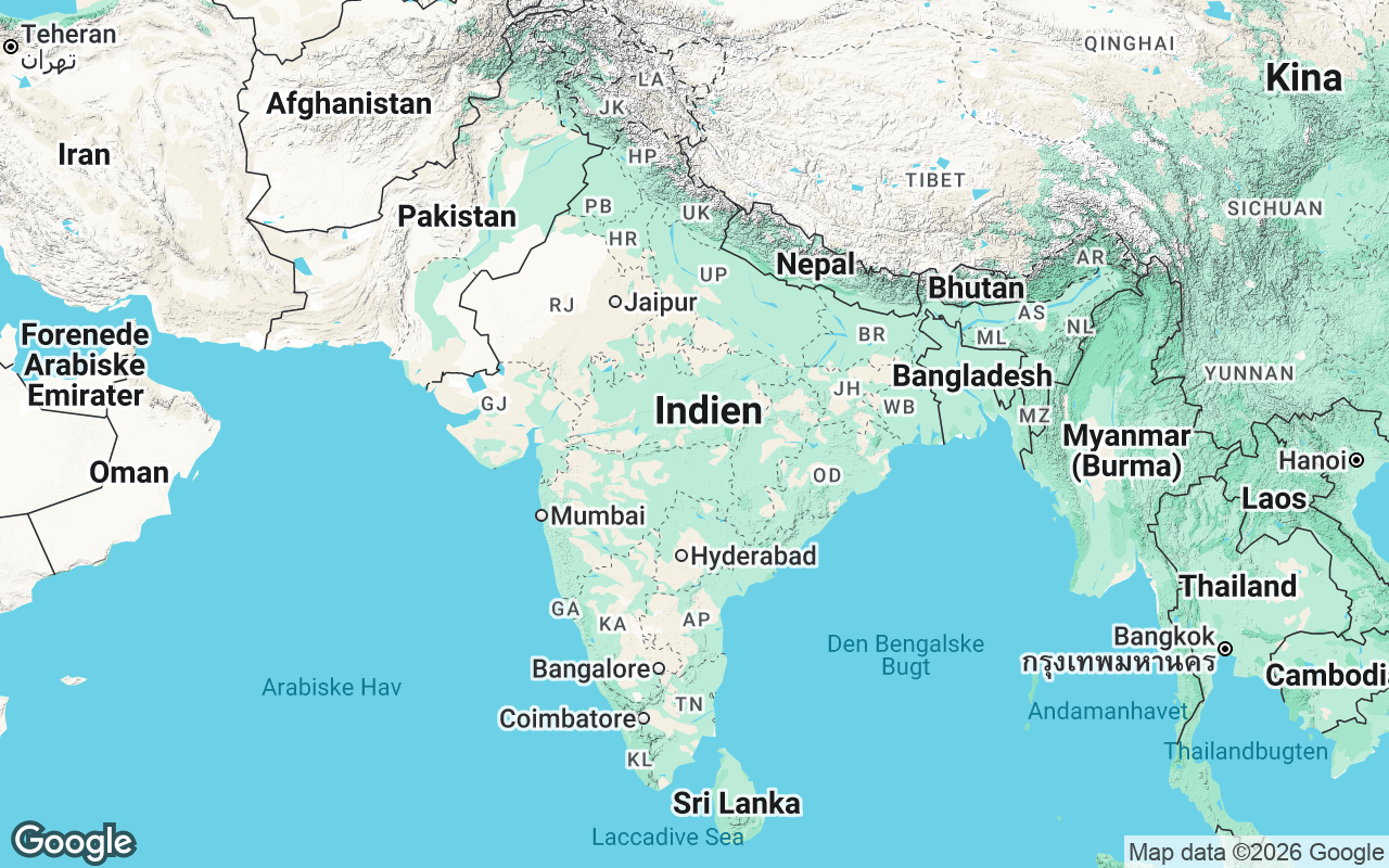Kort over Indien med de fire store regionale køkkener fra nord til syd